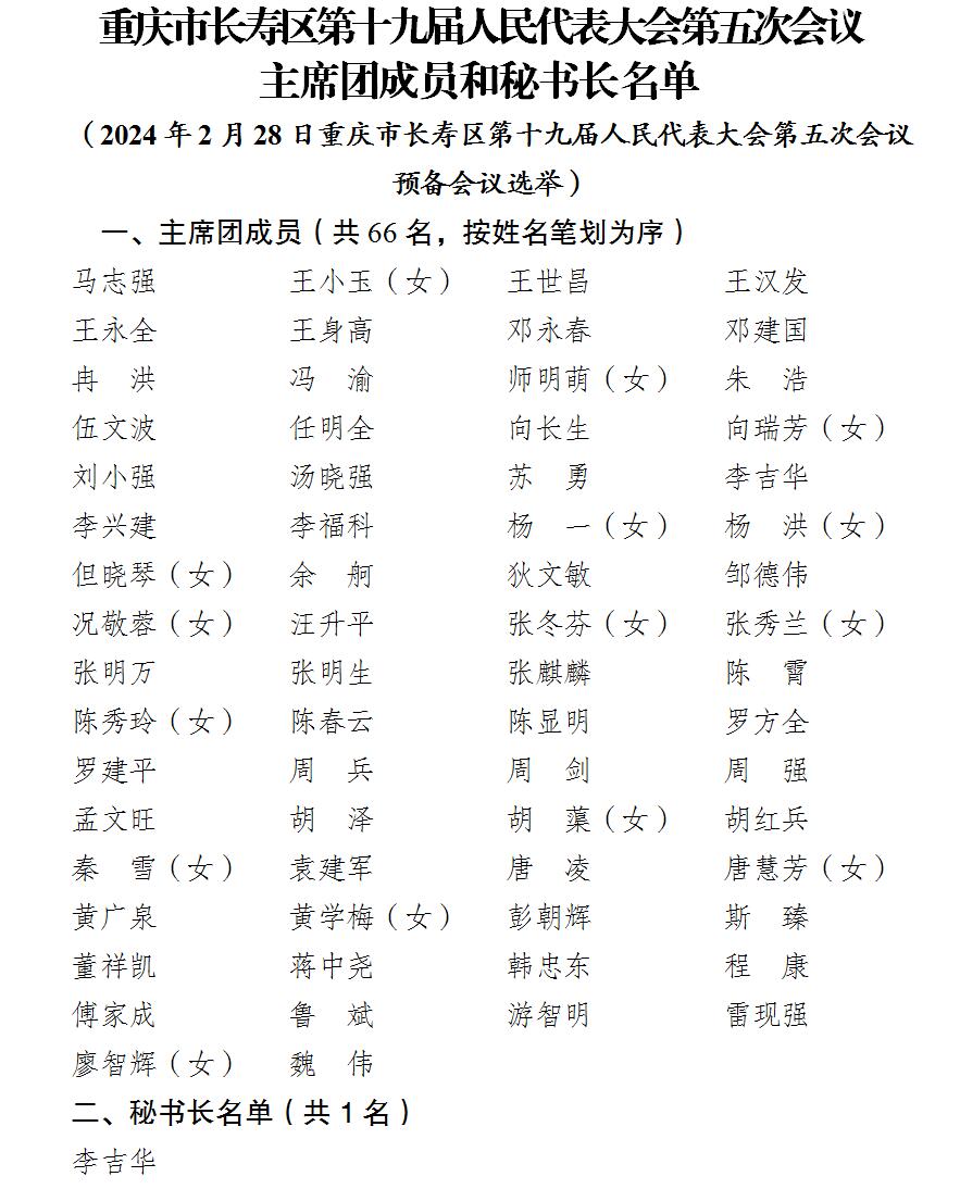1重庆市长寿区第十九届人民代表大会第五次会议主席团名单